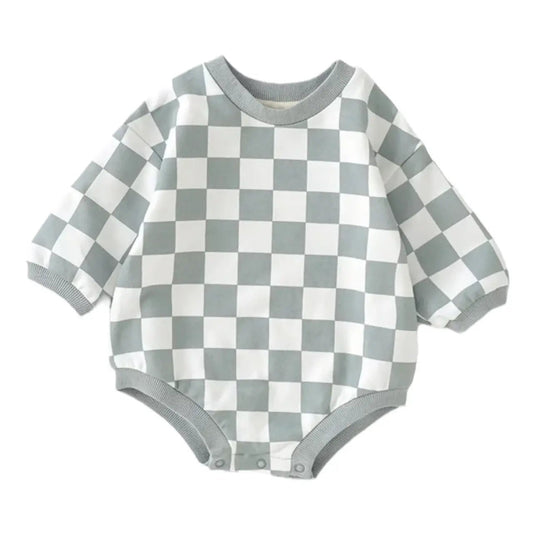 Checker Baby Bubble Romper- blue/gray