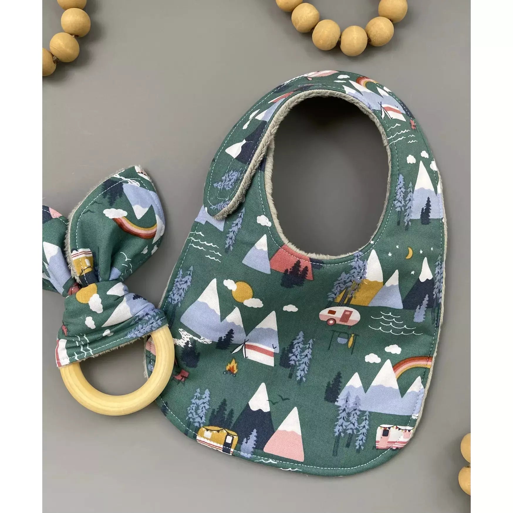 Campers Under the Rainbow Baby Bib and Teether