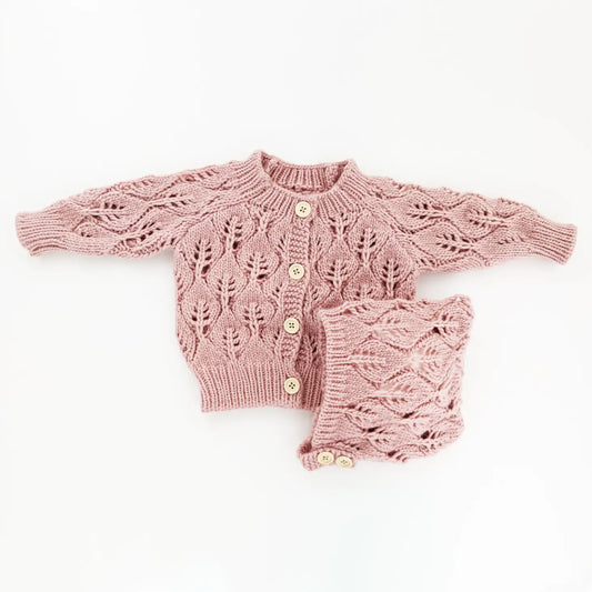 Leaf Lace Cardigan Sweater with matching Knit Bonnet in Rosy