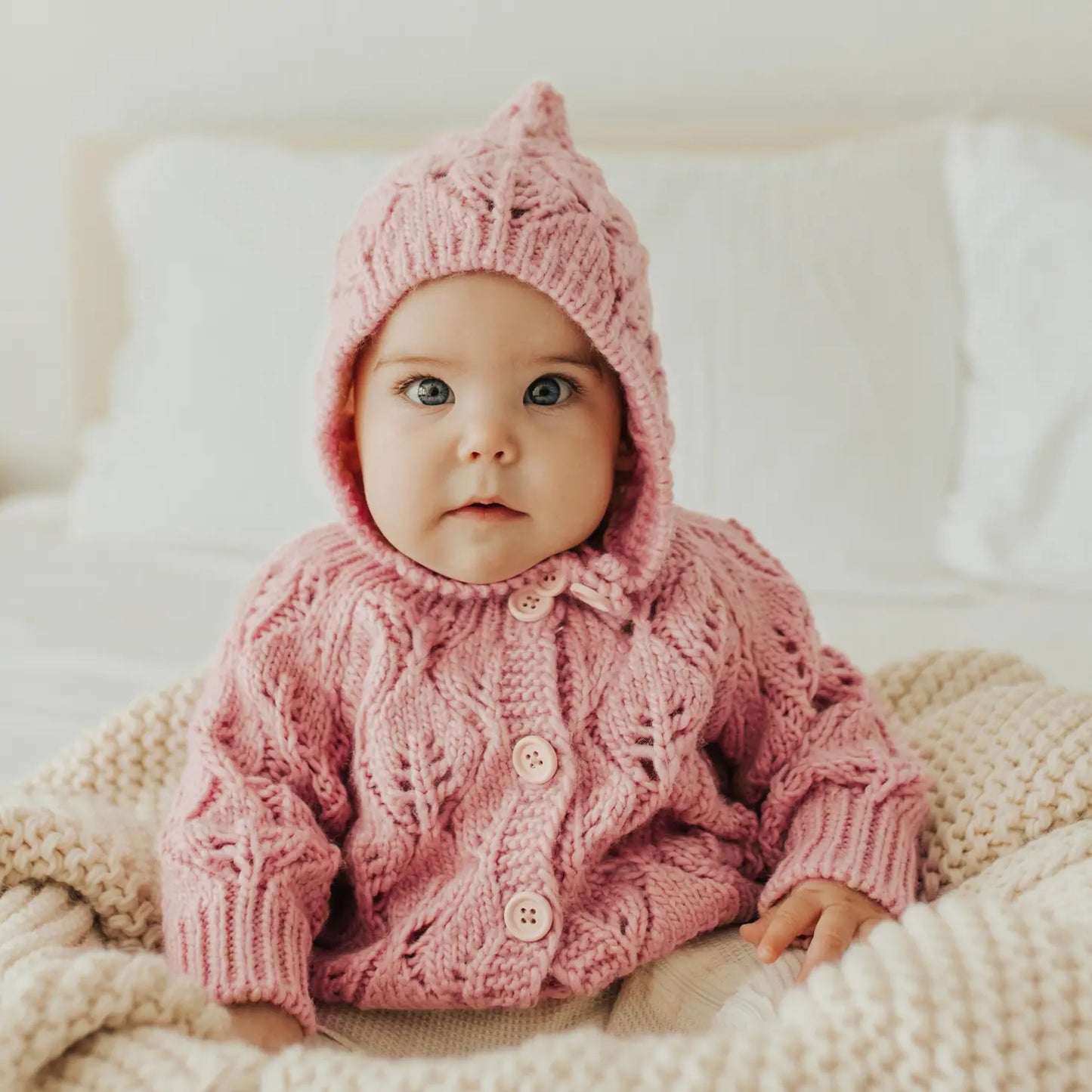 Leaf Lace Cardigan Sweater with matching Knit Bonnet in Rosy